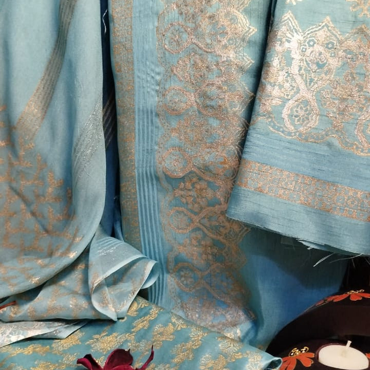Ethereal Grace – Ice Blue &amp; Turquoise Korean Silk 3-Piece Unstitched Suit ❄️✨