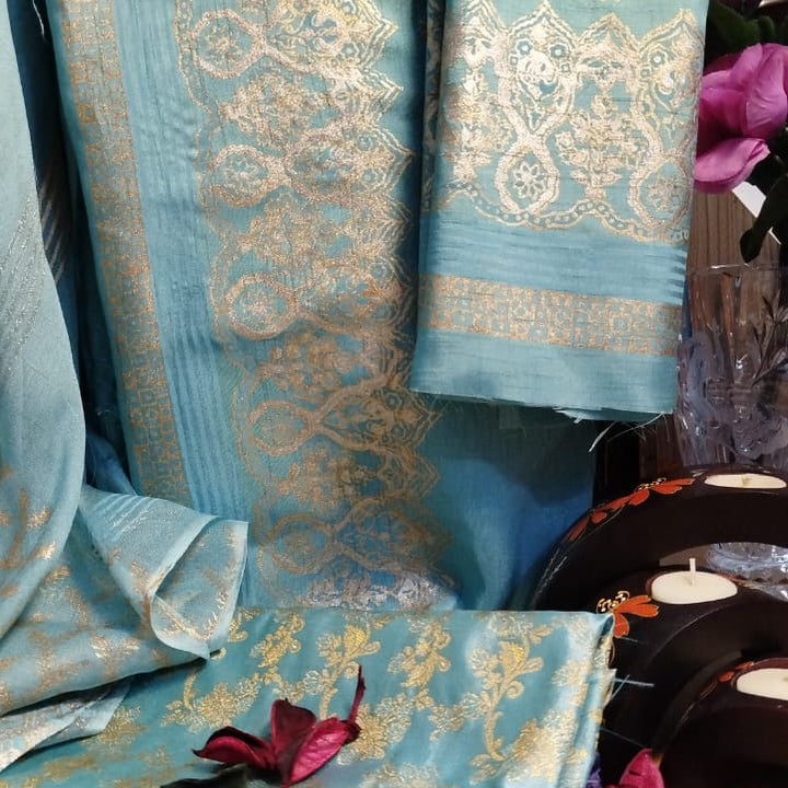 Ethereal Grace – Ice Blue &amp; Turquoise Korean Silk 3-Piece Unstitched Suit ❄️✨
